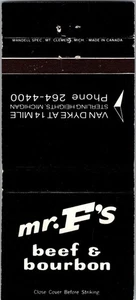Vintage Matchbook: Mr. F's Beef & Bourbon, Sterling Heights, MI Michigan MB1 - Picture 1 of 2