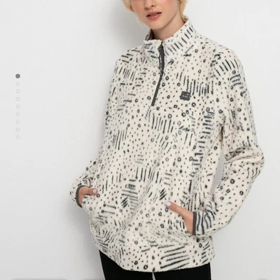 Billabong Boundary Mock Fleece Pullover 1/4 Zip Animal Print White Black Sweater - Image 1 of 4