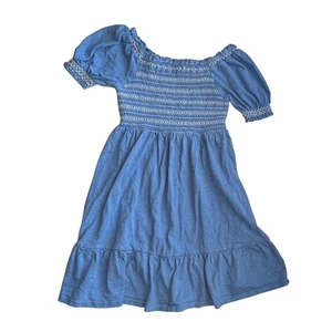 Mini Bodin Girls Blue Smocked Dress Off Shoulder Short Sleeve 7-8Y - Picture 1 of 7