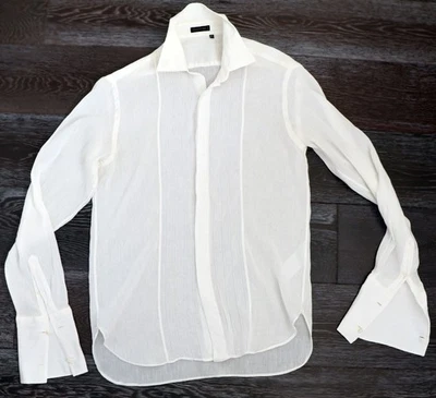 Valentino White Linen Shirt, French Cuffs, Vintage 80s Black Label, 44 Men's 90s - Image 1 of 4