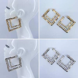 Double Square Shape Hoop Bamboo design Earrings - Picture 1 of 9