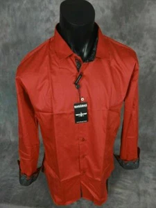 Mens Shirt Rouge Red Floral Trim Classic Fit Solid Dress Button Front Barabas - Picture 1 of 6