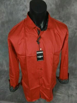Mens Shirt Rouge Red Floral Trim Classic Fit Solid Dress Button Front Barabas - Image 1 of 4