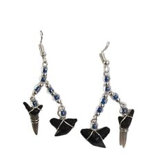 Coastal Earrings ~ Blue & Silver Beads With Double Shark Teeth ☆ FREE SHIPPING