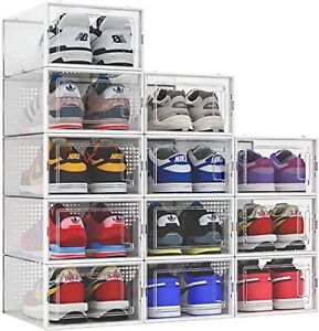 12 Pack Shoe Storage Boxes, Clear Plastic Stackable Shoe Organizer