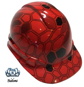 Hydro Dipped Hard Hat High Gloss Red Hex Camo 6 Point Ratchet Suspension - Picture 1 of 7