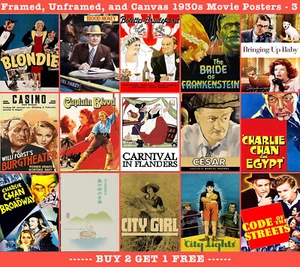 1930s Classic Movie Posters-Canvas & Framed Options Available Multiple Sizes- 3 - Picture 1 of 46
