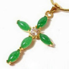 18KGP Gold Plated Ice Green Jade Imitation Diamond Jesus Cross Pendant Necklace