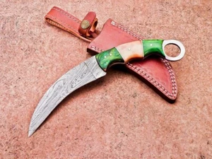 COLTELLO KARAMBIT FULL TANG PERSONALIZZATO FORGIATO A MANO ACCIAIO DAMASCATO COLTELLO DA CACCIA 8755 - Foto 1 di 8
