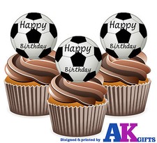 12 Nero palloni da calcio Happy Birthday wafer commestibile DECORAZIONI PER TORTA grandi 5cm STAND UP