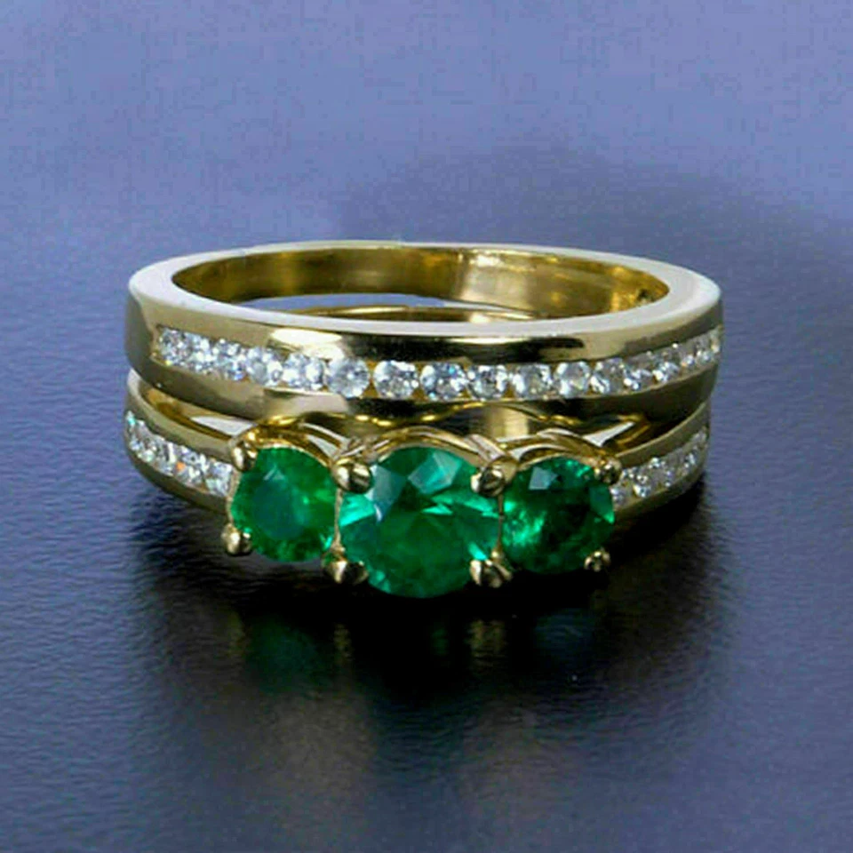 Комплект круглых имитируемых свадебных колец из трех изумрудов 3,0 карата серебро 925 позолота - Изображение 1 из 4