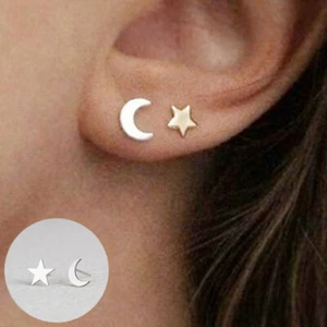Surgical Steel Star Moon Shape Stud Lovely Gold Silver Hypoallergenic Earrings - Picture 1 of 14