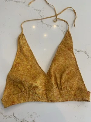 Top halter bikini vintage años 70 The Villager amarillo mostaza flores felices talla 6 Foto 1 de 4