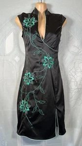 Jane Norman vintage Oriental black satin green floral embroidered dress, 6-8 - Picture 1 of 4