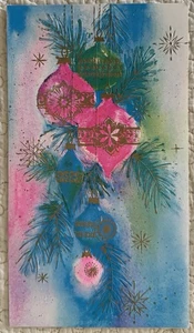 Tarjeta de felicitación de colección adornos británicos brillantes rosa azul grande de Navidad años 60 sin usar - Imagen 1 de 3