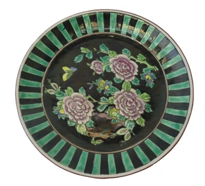 Vintage Kutani Kawa Japan Nippon Green Black Violet Floral Plate Bowl Signed - Picture 1 of 8