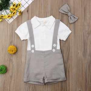 Baby Boy Bowtie Shirt Suspender Shorts One-Piece Wedding Party Formal Suits - Picture 1 of 15
