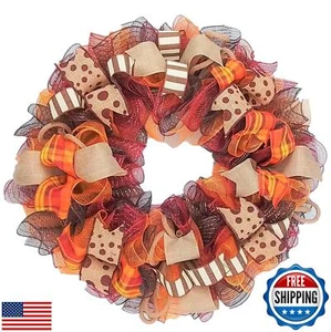 Burgundy Fall Wreath - Burlap Thanksgiving Autumn Door Wreath - Brown Maroon - Picture 1 of 5
