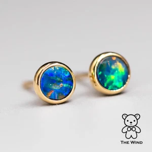 Minimalist Round Australian Doublet Opal Stud Earrings 18k Yellow Gold - Picture 1 of 7