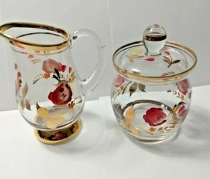Hand Painted Heavy Gold Gilded Glass Lidded Sugar Bowl & Creamer -1950's Romania - Bild 1 von 12