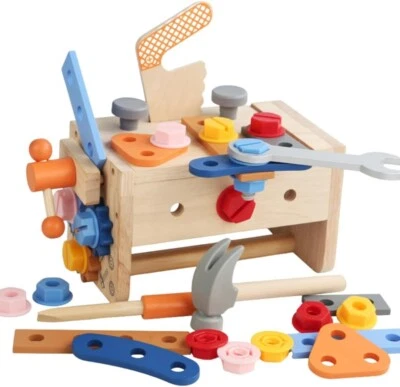 Juego de herramientas de madera Montessori juguete para niños pequeños con caja/banco Foto 1 de 4