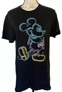 Disney Topolino Nero Neon Grafica Contorno T-Shirt Uomo Medium Camicia Nera - Foto 1 di 6