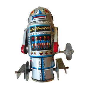 Vintage Tin Wind-Up Robot Toy - Retro Space Age Design with Spinning Propellers - Picture 1 of 6