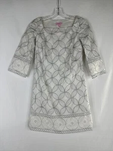 Lilly Pulitzer Lyla Metallic Embroidered Shift Dress Womens Size 0 White Silver - Picture 1 of 18