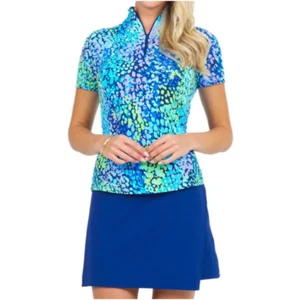 IBKUL Camille Mock Neck Top Short Sleeve Size XS Blue Multi Golf Zip Shirt NEW - Picture 1 of 1