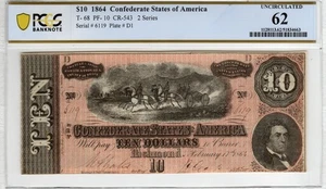 T-68 PF-10 1864 $10 Confederate Paper Money - PCGS-B Uncirculated 62 - Picture 1 of 2