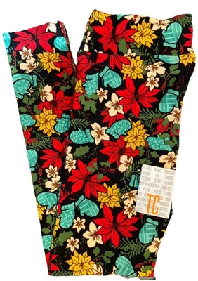 NUEVO Leggings de Navidad LuLaRoe altos y curvilíneos (12-18) negros de flores de pascua y guantes Foto 1 de 4