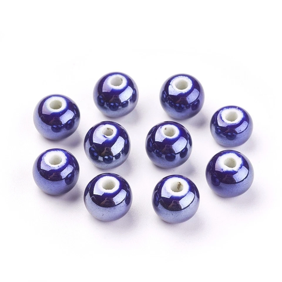 Dark Blue Porcelain Beads Plain Round 10mm Pearlised Pack Of 10 - Image 1 of 1