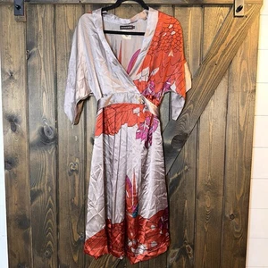 Antik Batik Kimono Style Floral 100% Silk Midi Dress Size S - Picture 1 of 4