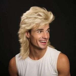 Herren Vokuhila Perücke Retro 80er - flauschig schwarz/braun Kunsthaar für Cosplay Party - Bild 1 von 7