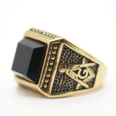 Anillo de piedra de ónix negro masónico chapado en oro de acero inoxidable talla 7-15 MENDEL para hombre Foto 1 de 4