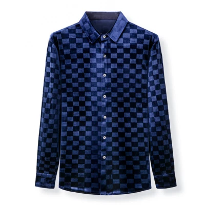 Men Check Velvet Blouse Tops Shirts Casual Formal Business Plaid Retro Soft - Image 1 of 4