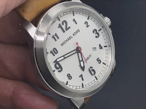 MICHAEL KORS MK-8531 DATE White Dial Brown Leather 10 ATM S/S QUARTZ MEN'S WATCH - Picture 1 of 12