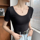Summer Korean Solid Color U Neck Ribbed Short Sleeve Slim T-shirt For Women