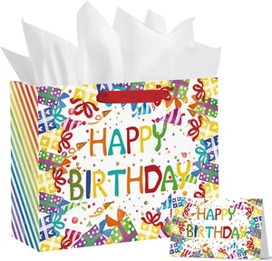 13" Large Birthday Gift Paper Bags with Tissue Paper and Card, Happy Birthday Ba - Picture 1 of 6