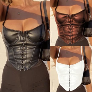 Women Low Cut SEXY Corset Strappy PU Leather Cami Tanks Bustiers Crop Tops Party - Picture 1 of 22