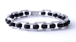 STAINLESS STEEL BICYCLE CHAIN BRACELET WITH BLACK RUBBER LINKS, 8" - Picture 1 of 2