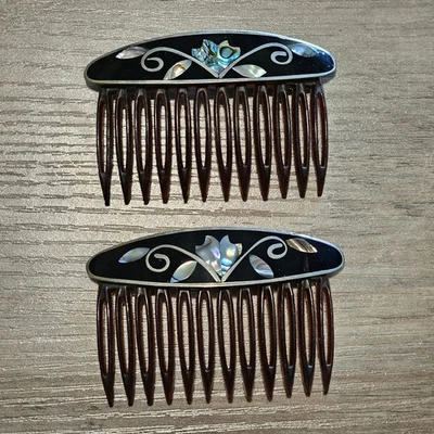 Pentes de cabelo esmaltados pretos vintage Alpaca México com madrepérola incrustada - Imagem 1 de 4