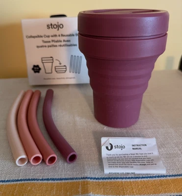 TAZA PLEGABLE SILICONA STOJO + 4 PAJITAS.  Borgoña, rosa polvorienta.  ¡NUEVO EN PAQUETE! Foto 1 de 4