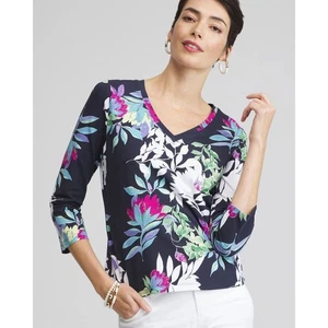 Chico's Blumendruck Top V-Ausschnitt 3/4 Arm elegante Bluse Gr. M Neu ohne Etikett - Bild 1 von 9