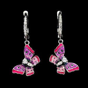 Summer 925 Sterling Silver Earrings Round Simulated Cz Gemstone Butterfly Enamel - Picture 1 of 13