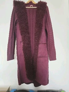 JOE BROWNS 14 Wine Red Knitted Acrylic Coat Faux Fur - Picture 1 of 4
