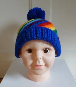 Lovely Handmade Knitted Rainbow Swirl Spiral Children's PomPom Hat ~ Blue Brim - Picture 1 of 7