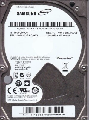 Samsung ST1500LM006 pn: HN-M151RAD/AV1 sn:S34 fw:2BC10005 DGT 2014 1.5TB C7-28 - Image 1 of 2
