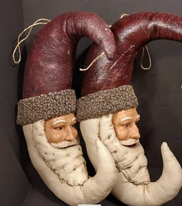 2 Fabric Mache Santa Face MOON LARGE 12" Ornaments Vintage Old World Vibe Crimsn - Picture 1 of 5