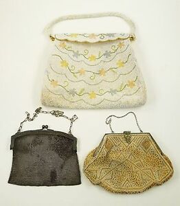 Vintage PURSE Handbag GERMAN SILVER SOLDERED MESH Beaded BAG Clutch 3 Lot